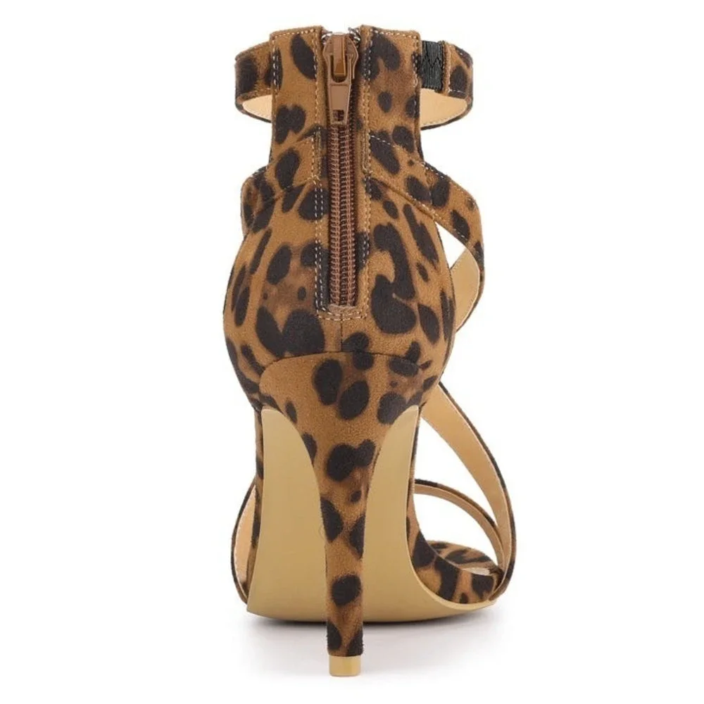 Leopard Print Strappy Stiletto Heels Ankle Strap Sandal Brown Black Size 10